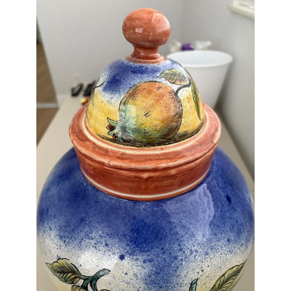 VTG Large Hand Painted Italian Ceramic Ginger Jar Fruit Motif‎ Lidded Urn 18.5